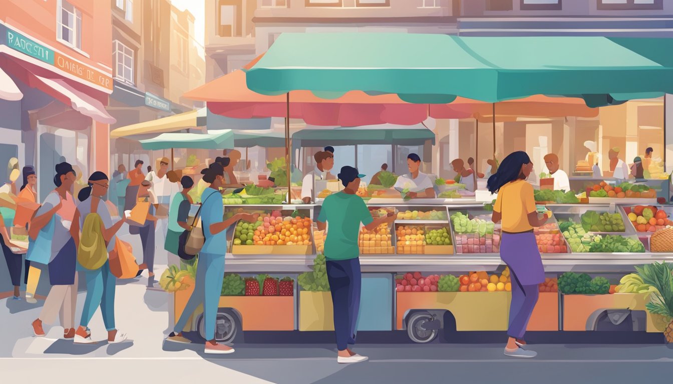 A bustling street food market with colorful stalls offering fresh fruits, salads, and smoothies. Patrons are seen grabbing healthy snacks on the go