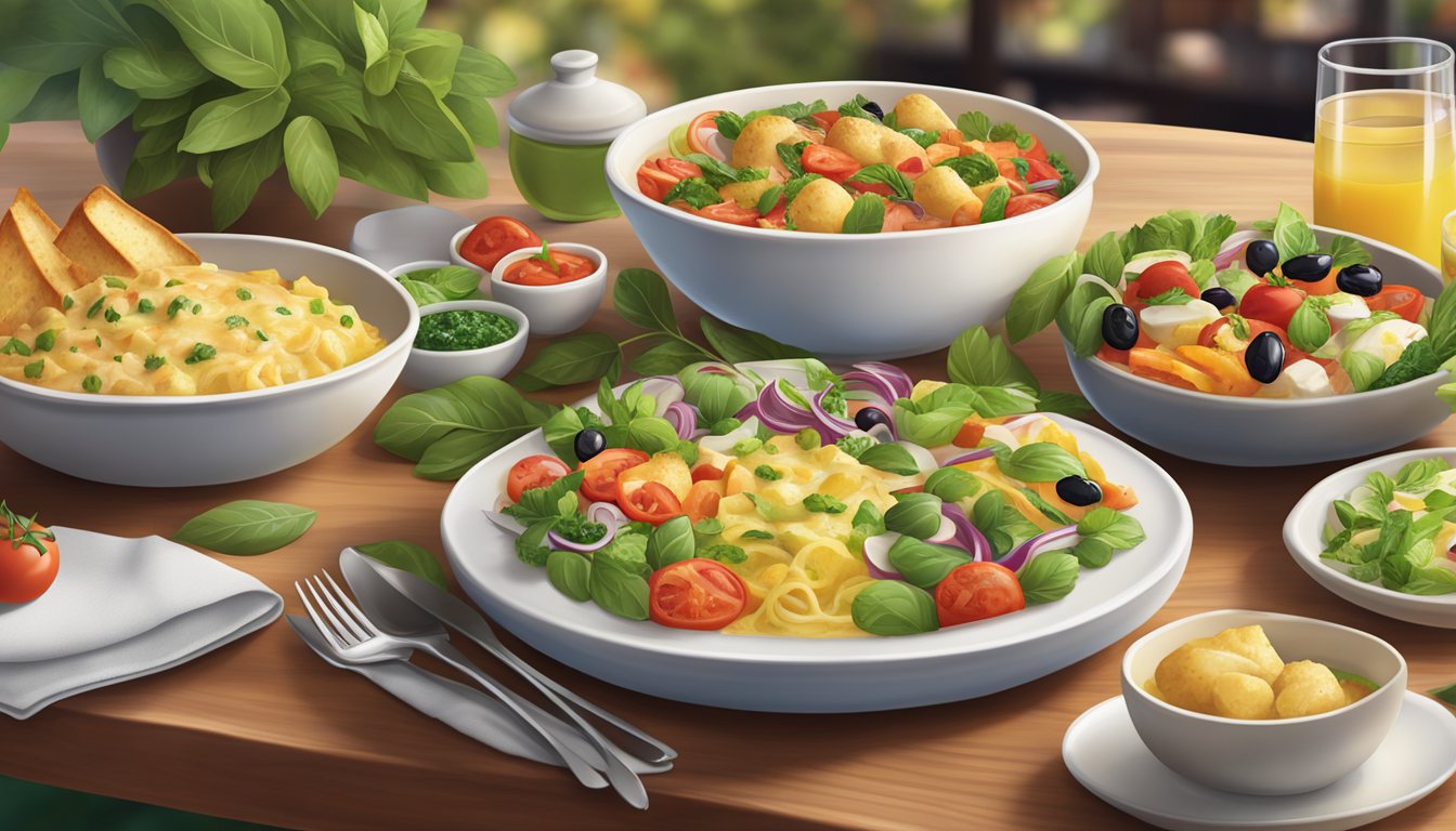 A table set with a variety of fresh, colorful dishes from Olive Garden's healthy options menu, surrounded by lush greenery