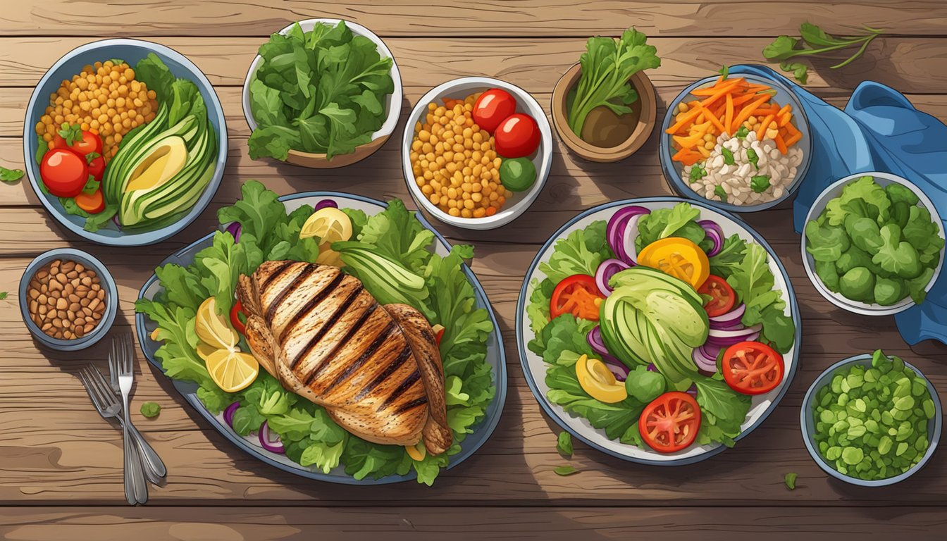 A colorful array of fresh vegetables and whole grains arranged on a rustic wooden table, with a bowl of vibrant salad greens and a plate of grilled chicken