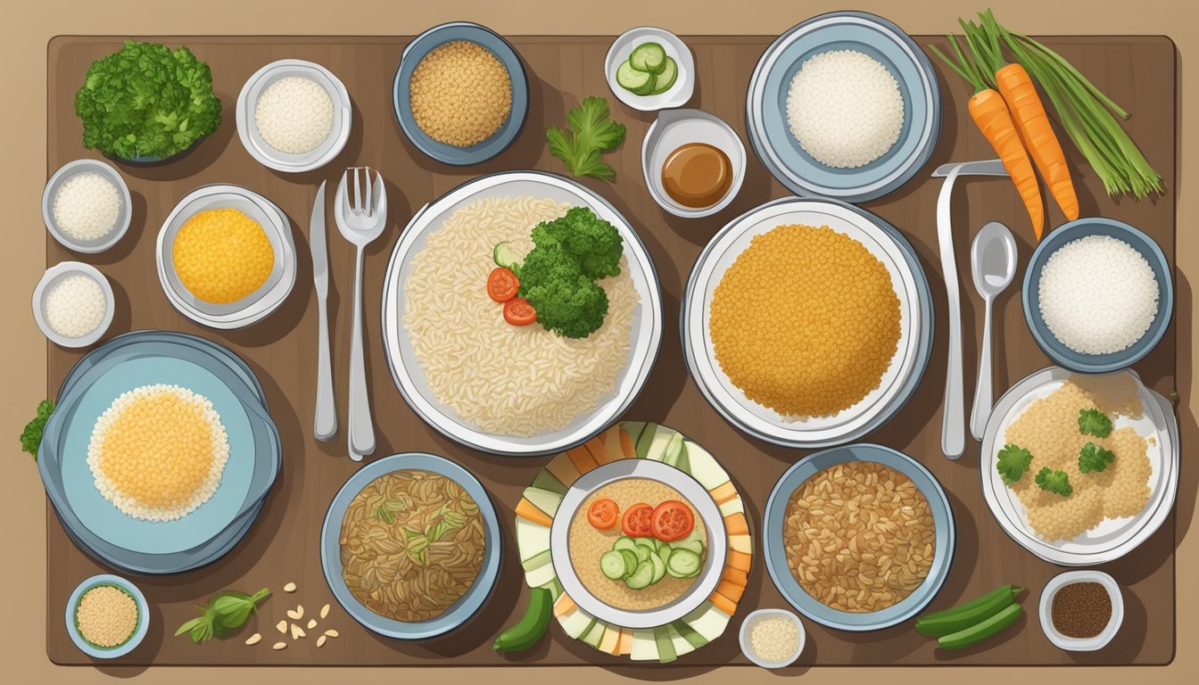 A table set with various dishes incorporating rice, surrounded by fresh vegetables and whole grains