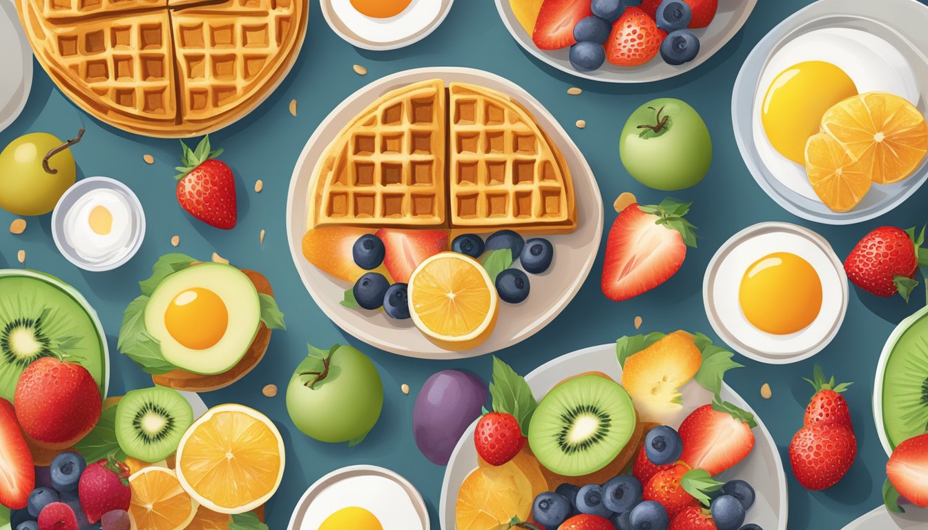 A colorful array of fresh fruits, eggs, and whole grain waffles on a clean, simple table setting