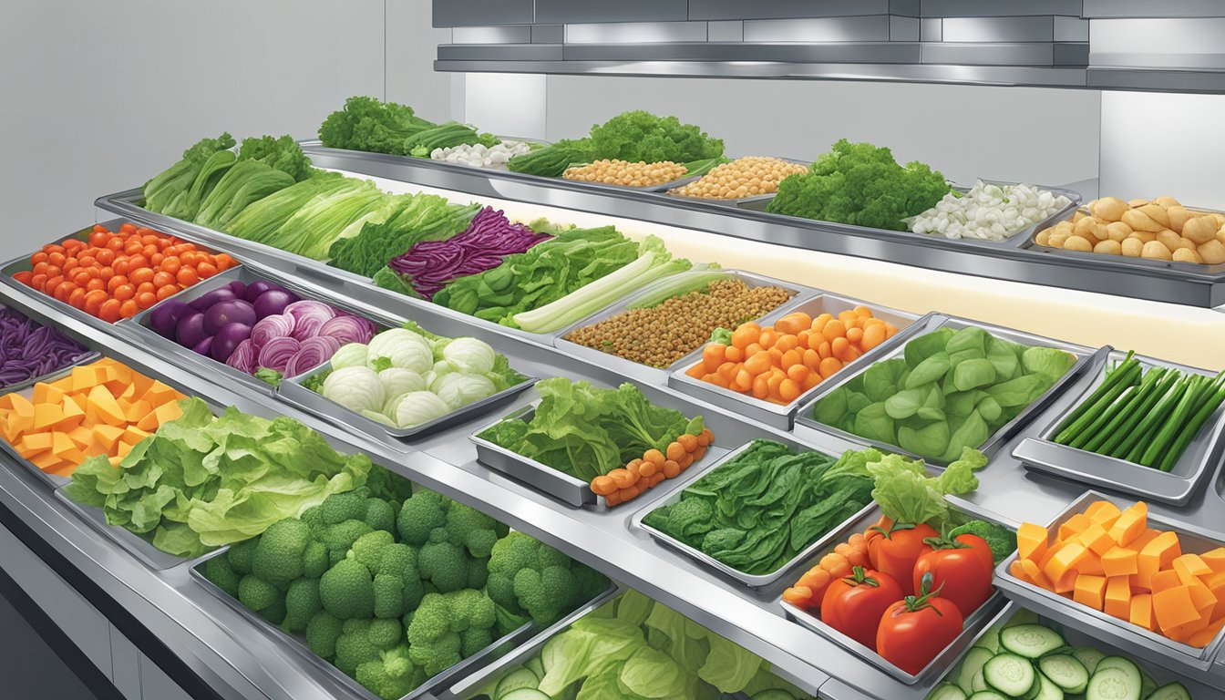 A colorful array of fresh vegetables and greens displayed on a clean, modern counter at Domino's, ready to be transformed into healthy salad options