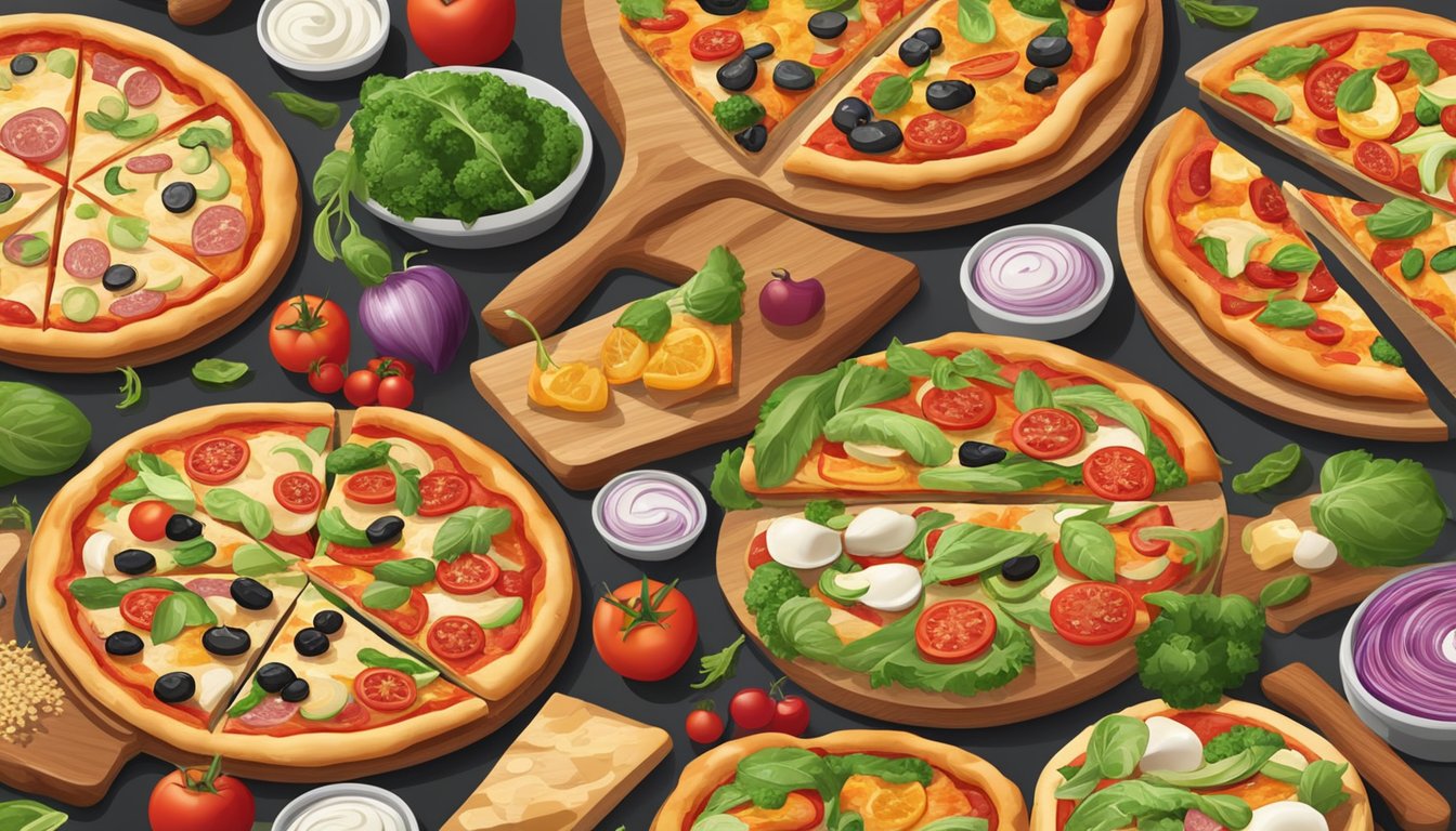 A table with a variety of specialty pizzas, featuring healthier ingredients like fresh vegetables and whole wheat crusts