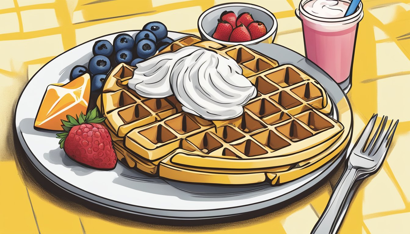 A table at Waffle House with plates of fresh fruit, yogurt, and whole grain waffles, alongside a menu featuring low-calorie options