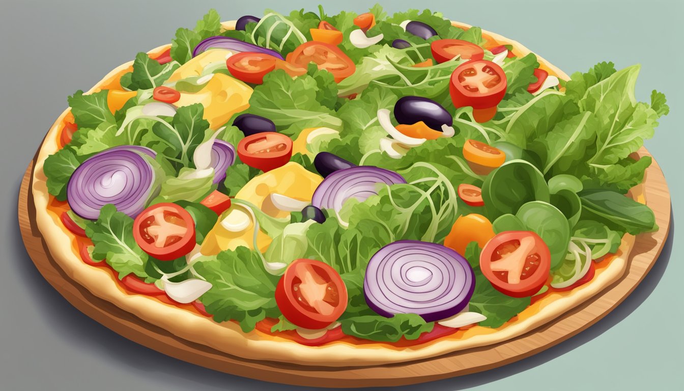 A colorful array of fresh vegetables and lean proteins arranged on a pizza crust, with a side of mixed greens and a light vinaigrette