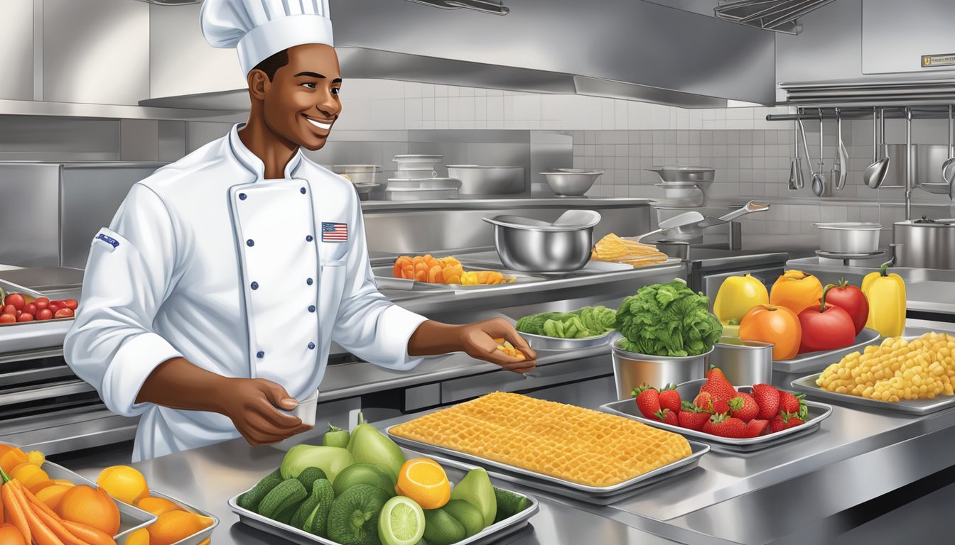 A chef prepares a colorful array of fresh fruits and vegetables alongside whole grain waffles and lean protein options at a Waffle House kitchen counter