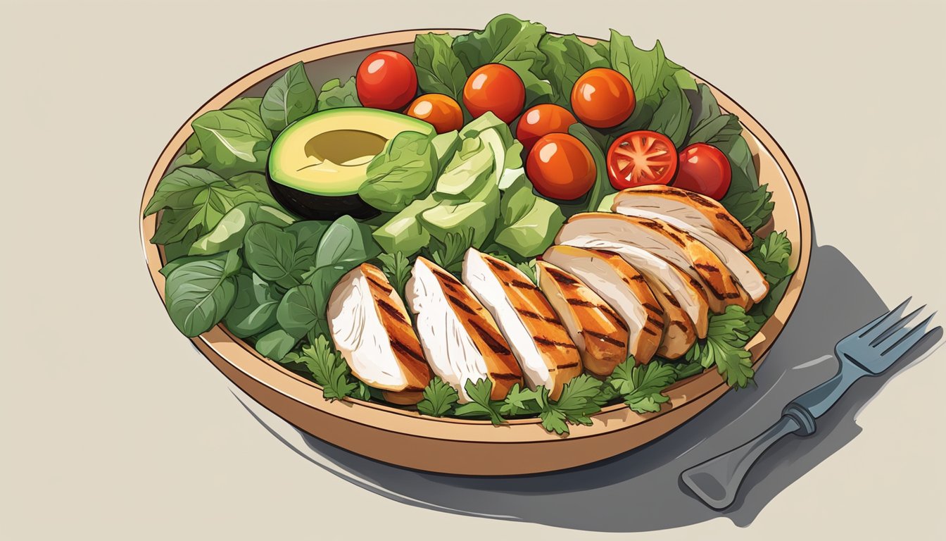 A colorful salad bowl filled with fresh greens, grilled chicken, sliced avocado, and cherry tomatoes, accompanied by a side of fruit and a bottle of water