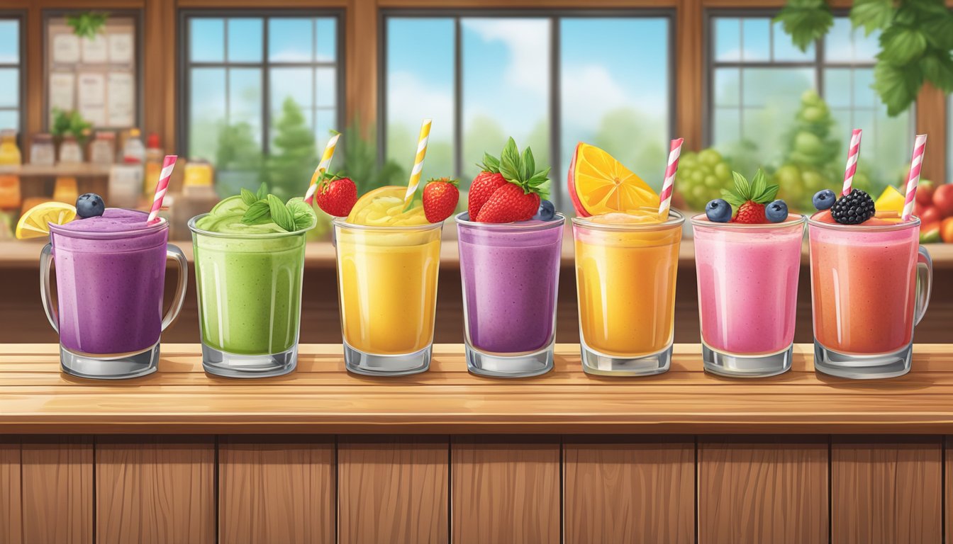 A colorful array of fresh fruit smoothies and herbal teas displayed on a rustic wooden counter at a Waffle House