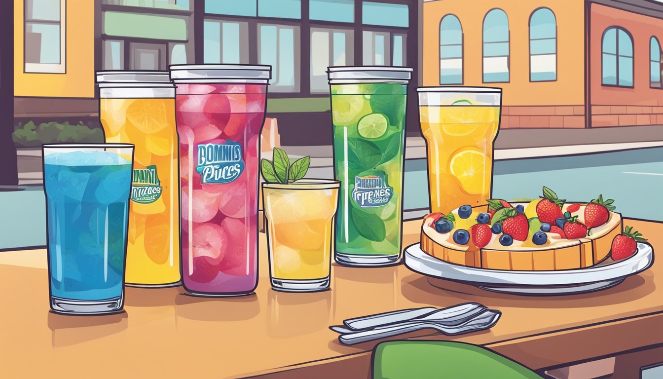 A variety of colorful and refreshing beverages, including fruit-infused water, herbal teas, and fresh fruit smoothies, displayed on a table next to a Domino's pizza