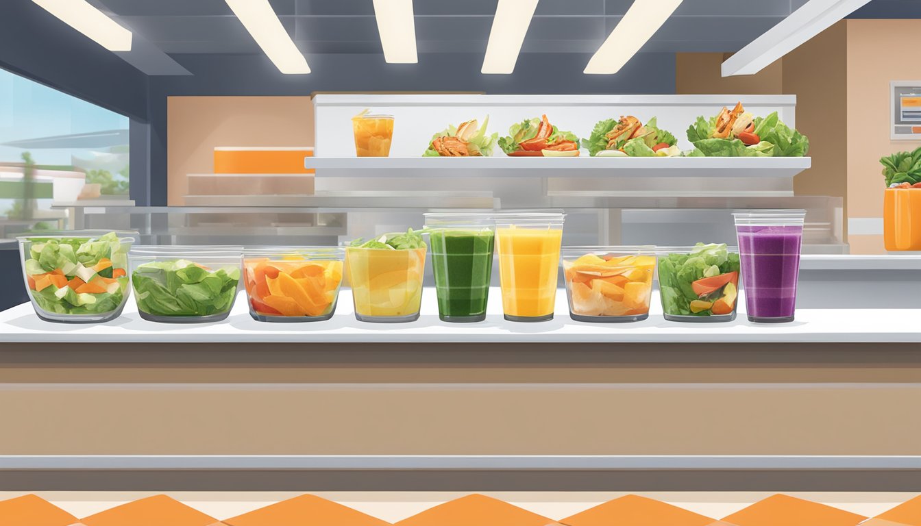 A colorful array of fresh salads, grilled chicken, and fruit smoothies displayed on a clean, modern counter at Whataburger