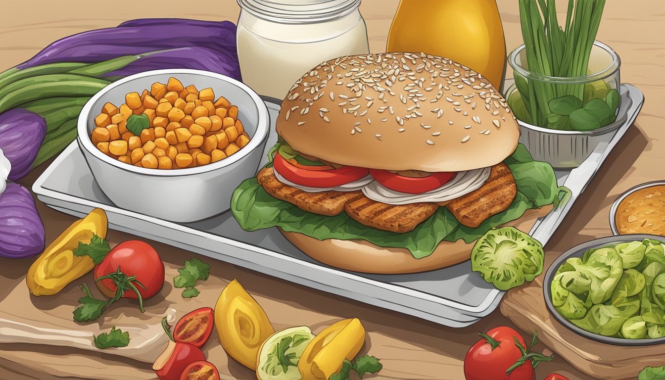 A colorful array of fresh vegetables and condiments displayed next to a grilled chicken breast on a whole grain bun