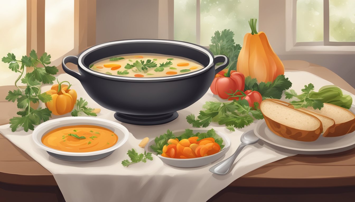 A cozy table setting with a steaming bowl of soup, surrounded by fresh vegetables and a warm loaf of bread