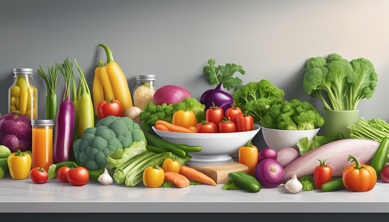 A colorful array of fresh vegetables and lean meats displayed on a clean, modern countertop