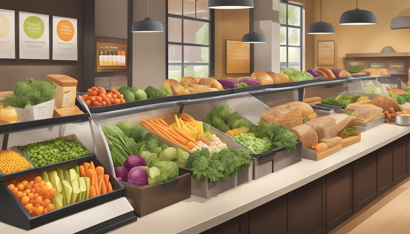 A colorful array of fresh vegetables, whole grain bread, and lean protein options displayed on a clean, modern counter at a Panera Bread location