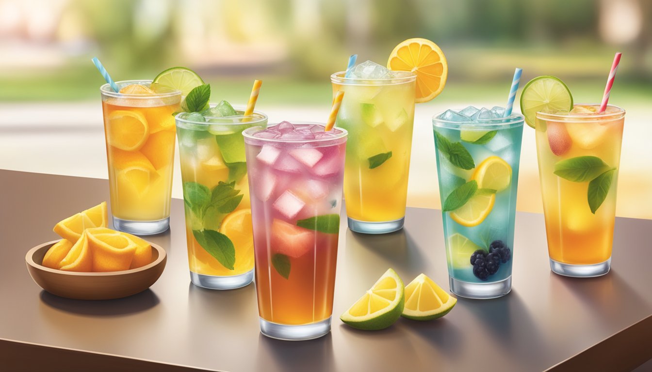 A table with a variety of colorful, fresh, and hydrating beverages like iced tea, lemonade, and fruit-infused water at a Panera Bread cafe