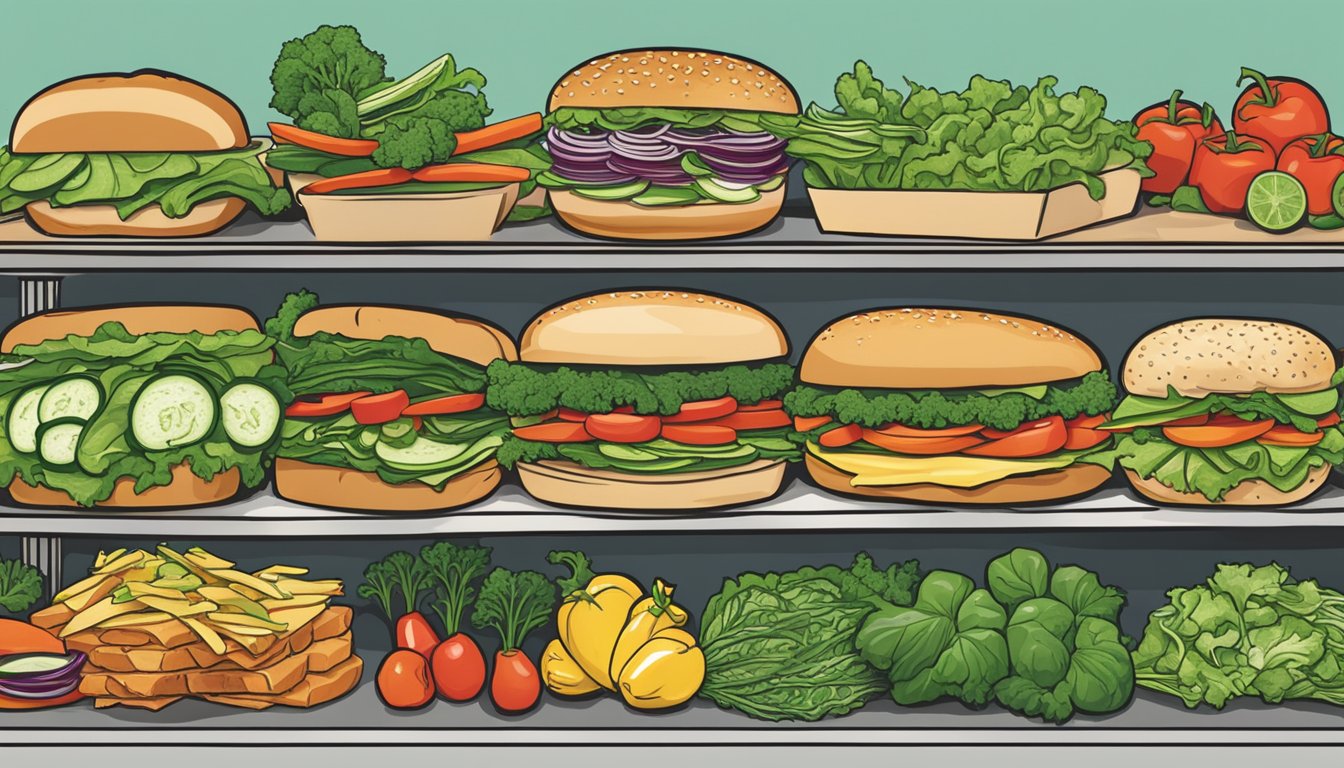 A colorful array of fresh vegetables and leafy greens arranged on a sandwich counter at Jimmy John's, showcasing the healthy vegetarian options available