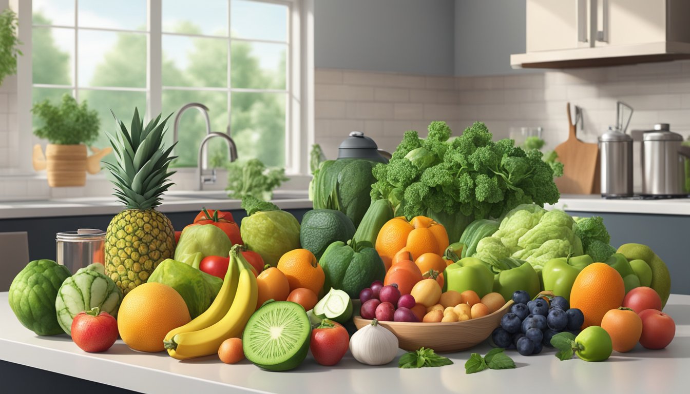 A vibrant array of colorful fruits and vegetables, alongside fresh herbs and lean proteins, are displayed on a clean, well-organized kitchen counter