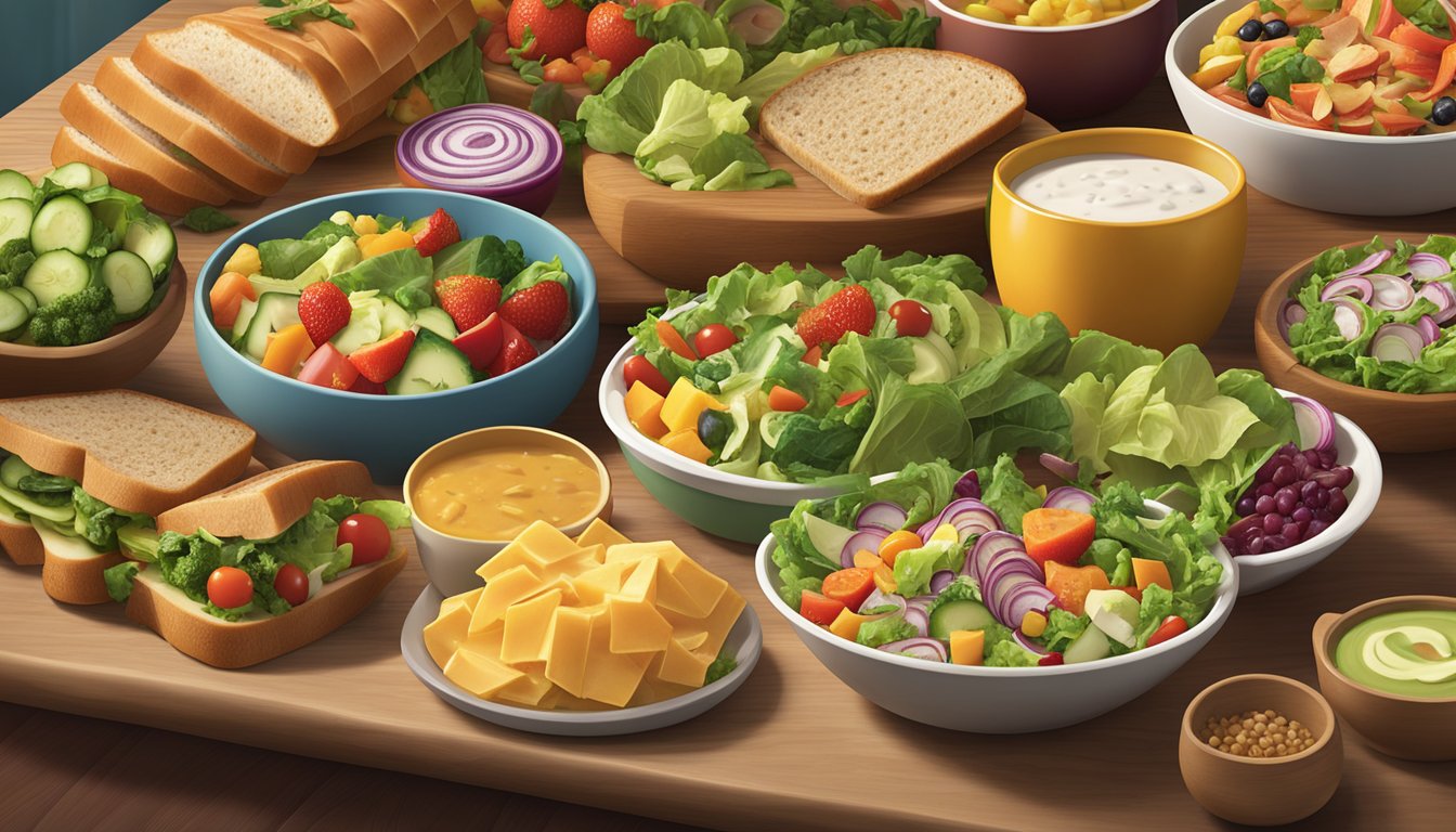 A colorful array of fresh salads, soups, and whole grain sandwiches displayed on a wooden table at Panera, with vibrant fruits and vegetables scattered around