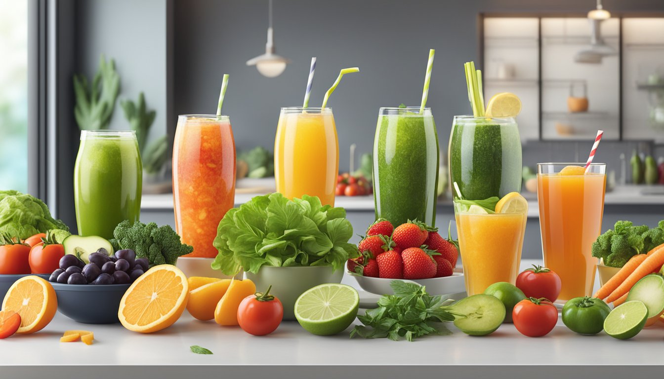 A colorful array of fresh vegetable and fruit sides, along with a variety of refreshing drinks, are displayed on a clean, modern countertop