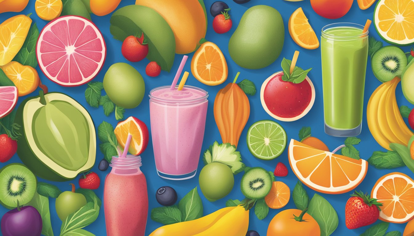 A colorful array of fresh fruits and vegetables displayed on a vibrant menu board at Jamba Juice. Smoothies and juices are listed alongside their nutritious ingredients