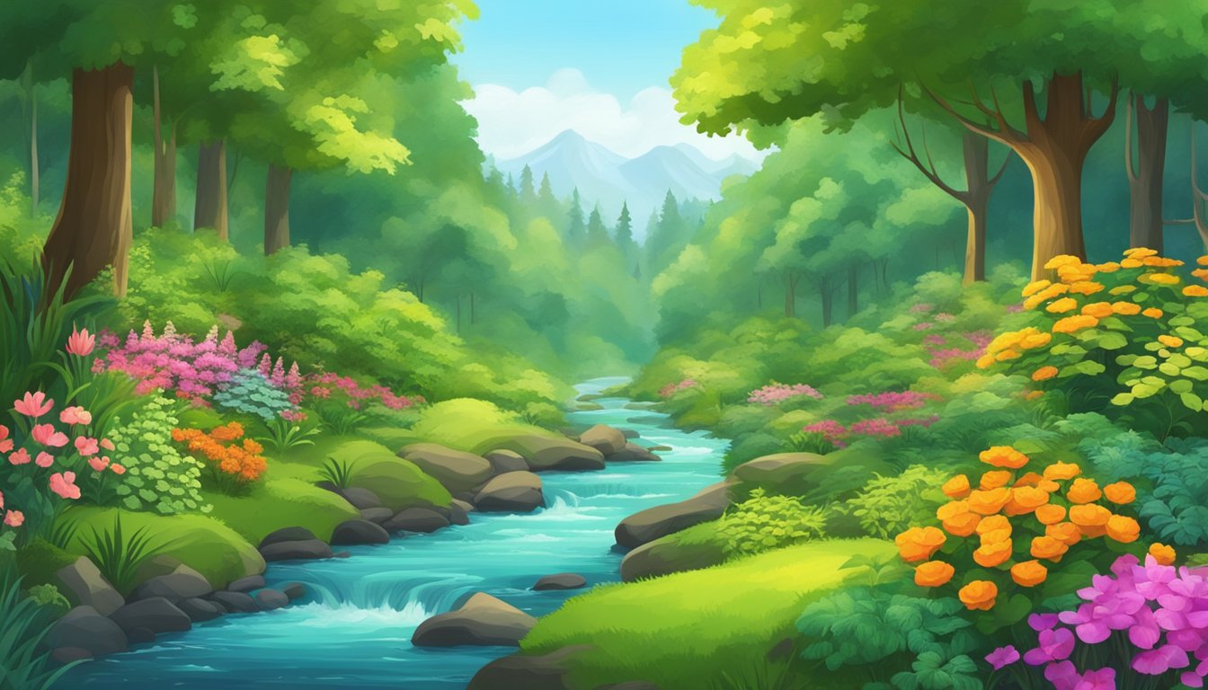 A lush green forest with a clear stream running through it. A variety of colorful flowers and plants surround the area, creating a vibrant and healthy environment