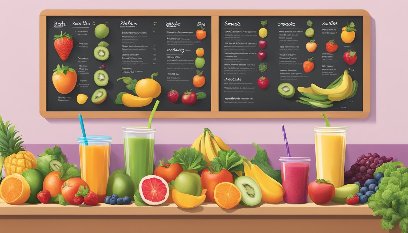 A colorful array of fresh fruits and vegetables arranged next to a menu board displaying various smoothie options at a Jamba Juice store