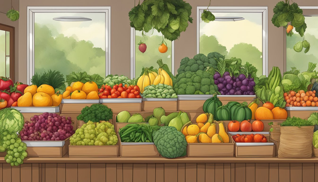 A variety of fresh fruits and vegetables arranged in front of a display of natural hair dyes