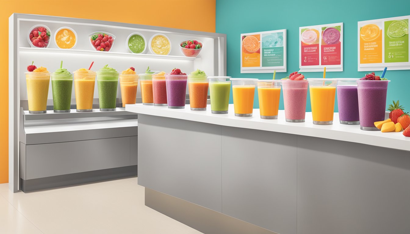 A colorful display of protein-packed smoothies and bowls at a Jamba Juice counter