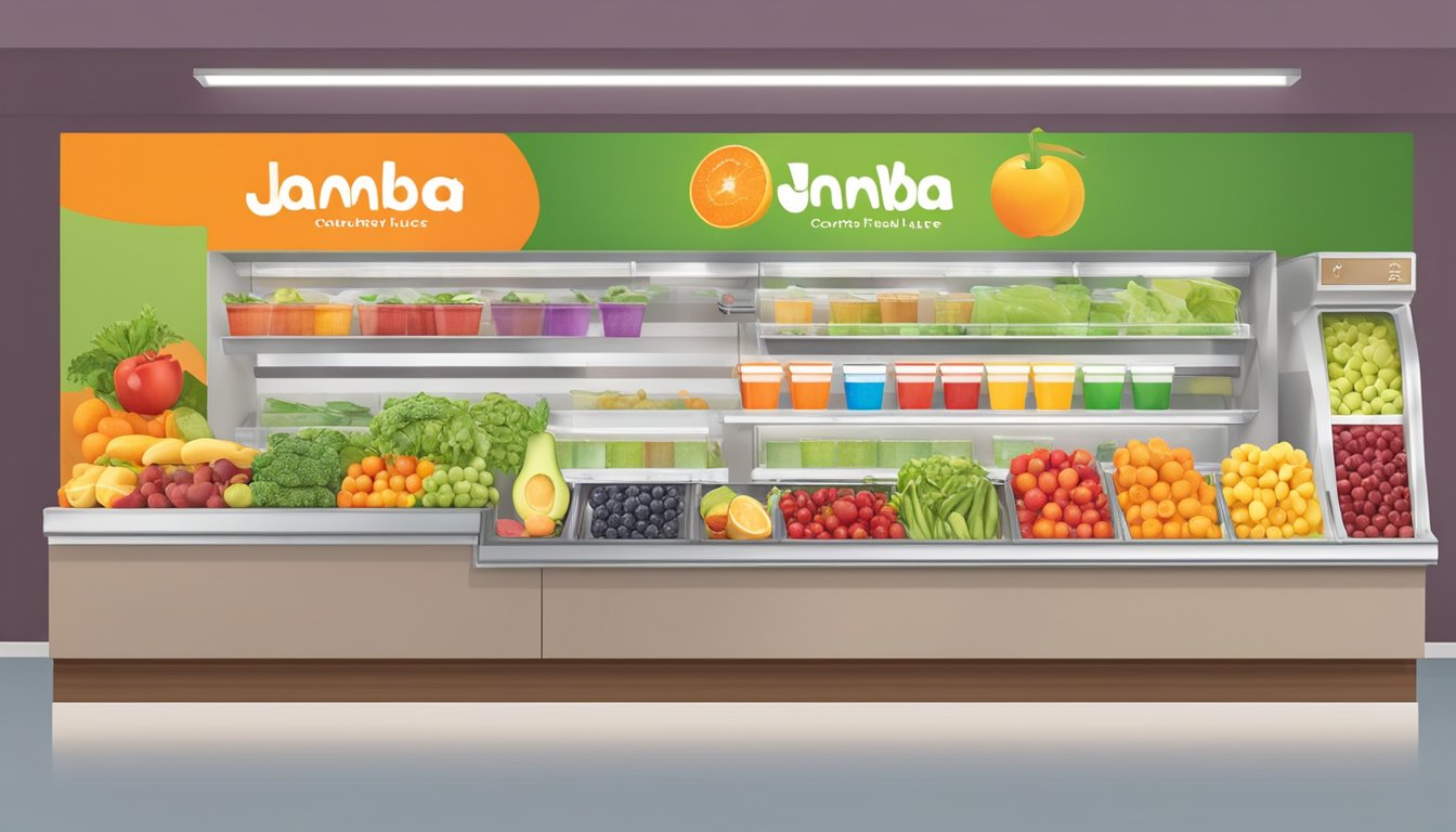 A colorful Jamba Juice counter displays various fruits and vegetables, with a sign promoting customization for health and dietary needs