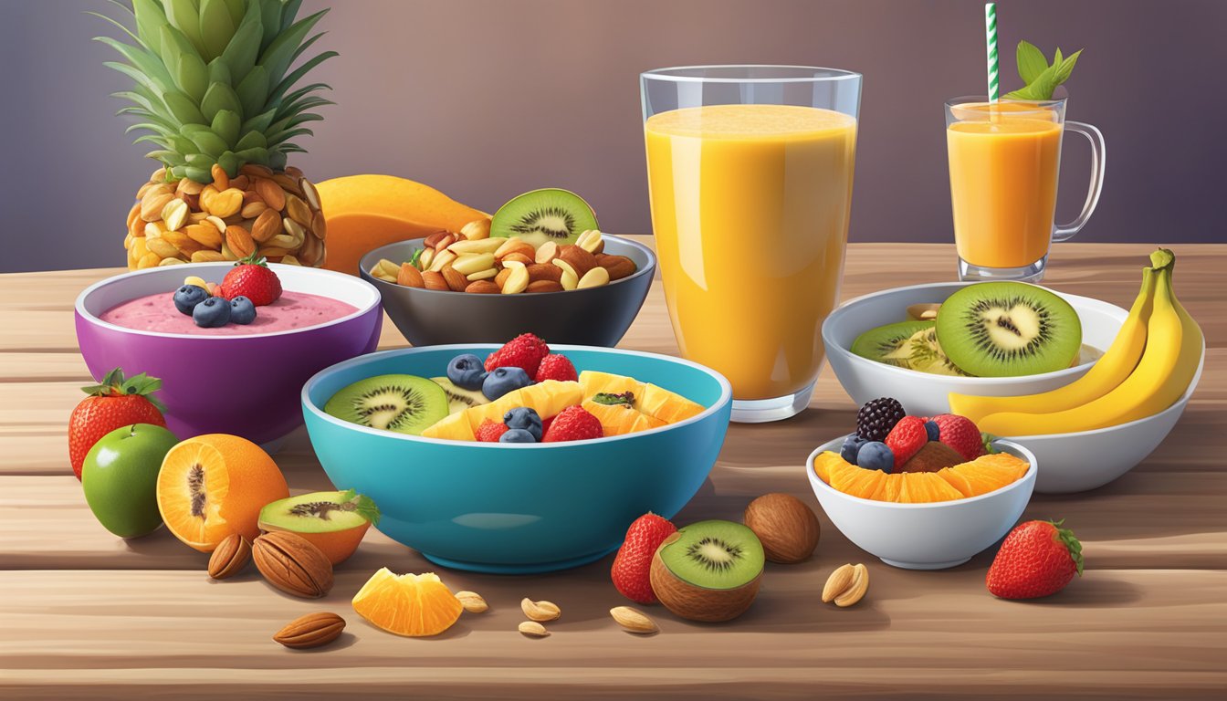 A colorful array of fresh fruits, nuts, and smoothie bowls displayed on a wooden table, with a Jamba Juice logo in the background