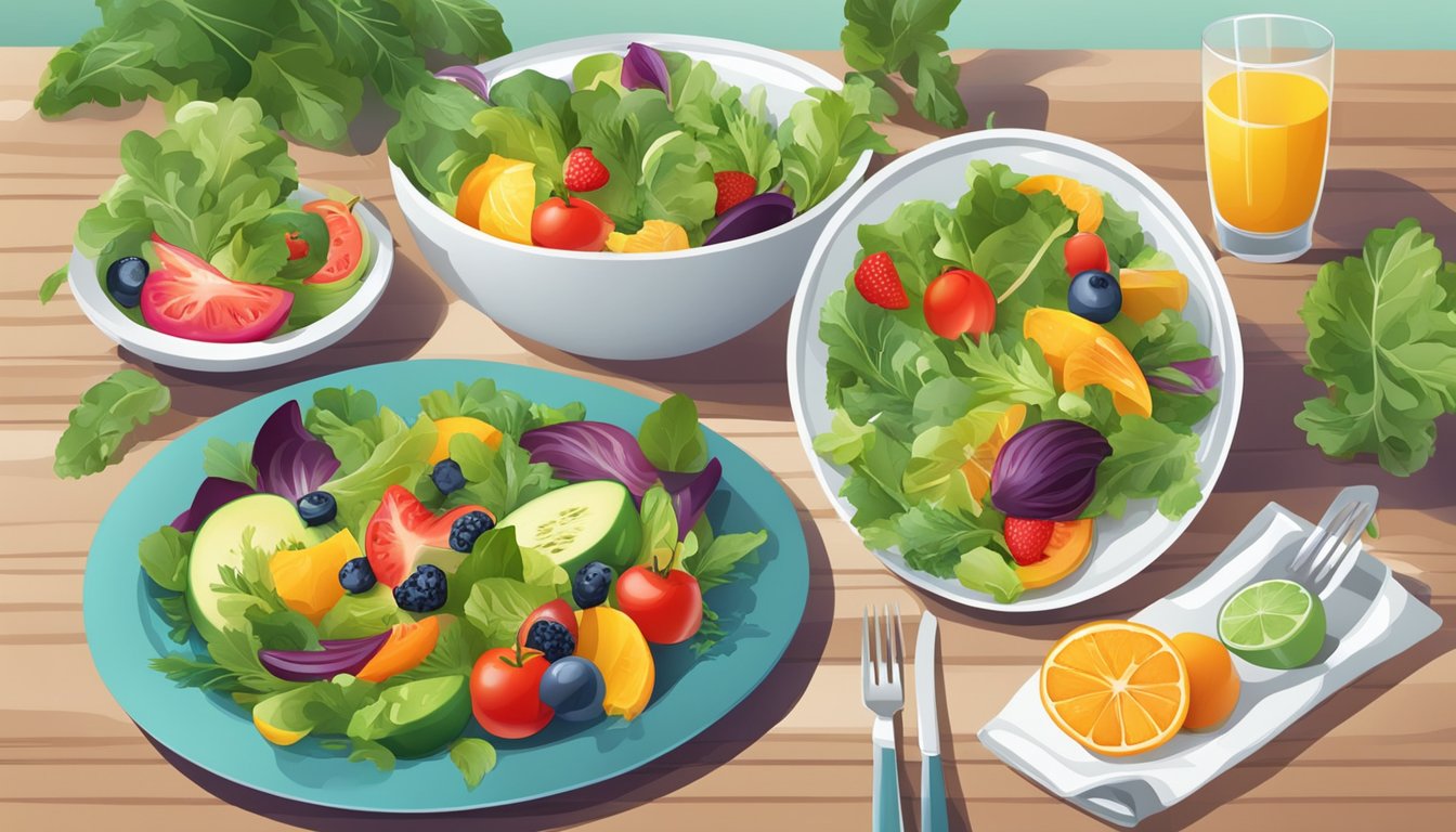 A table set with colorful, fresh dishes - a vibrant salad, grilled vegetables, and a bowl of fruit - surrounded by greenery