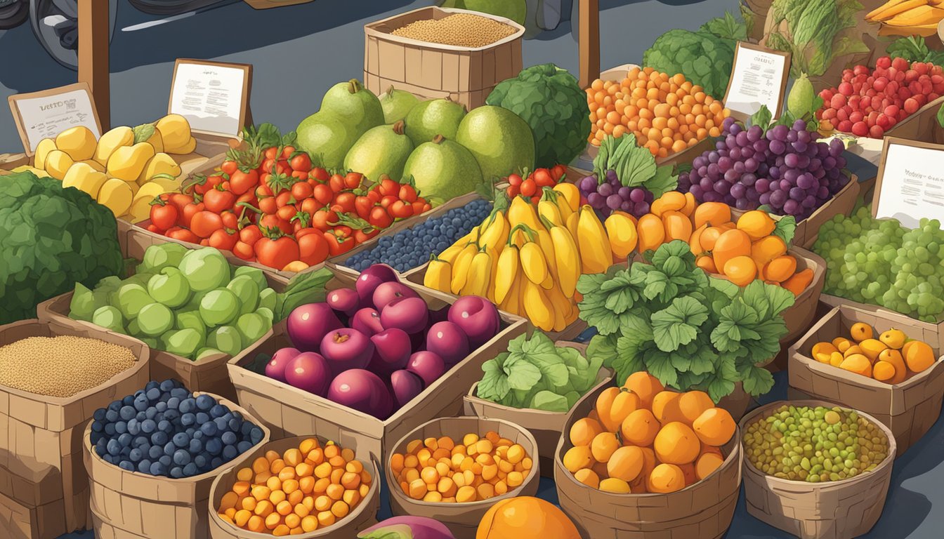 A colorful array of fresh fruits, vegetables, and whole grains displayed on a table at a bustling outdoor market