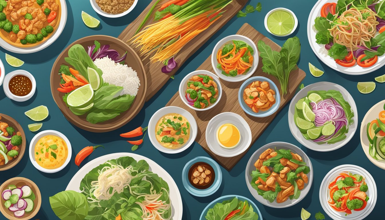 A colorful spread of fresh Thai dishes, including vibrant salads, steamed vegetables, and grilled lean proteins, arranged on a wooden table