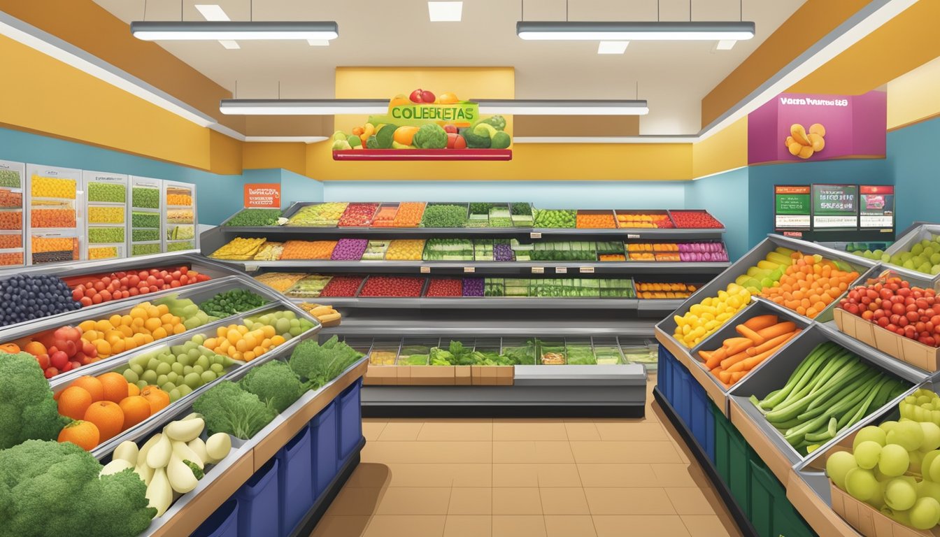 A variety of fresh fruits and vegetables displayed in colorful bins at a Wawa store, surrounded by signage promoting healthy eating choices