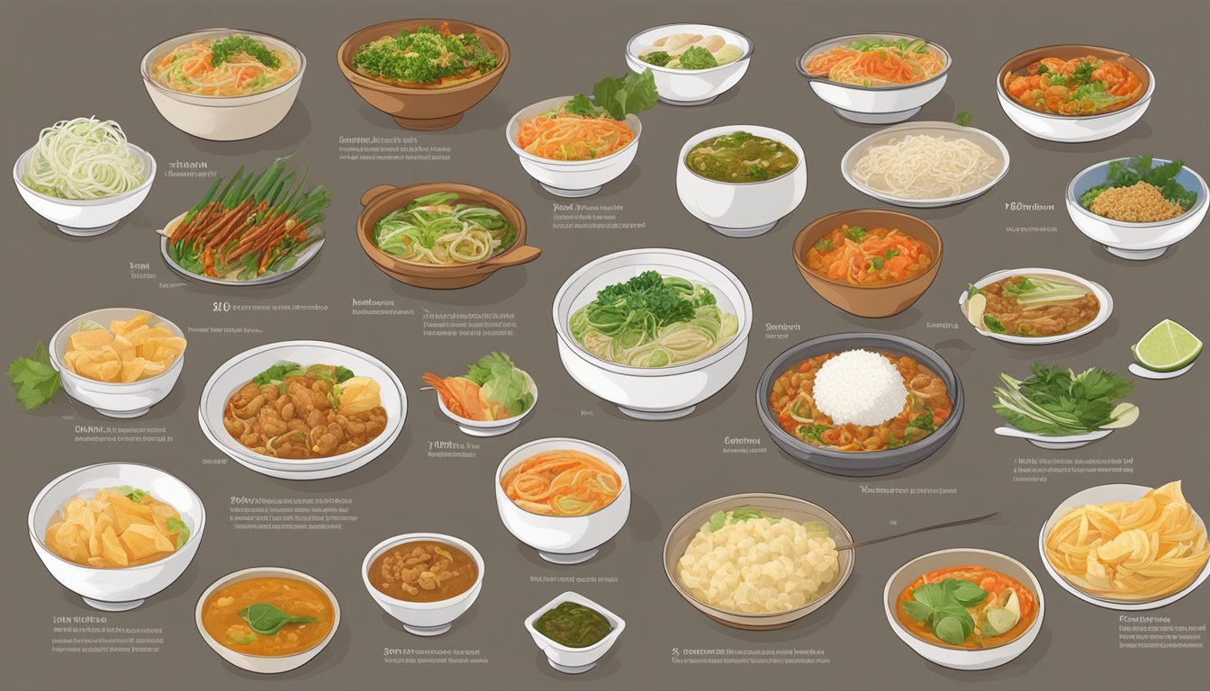 A table with various Thai dishes, each labeled with nutritional information