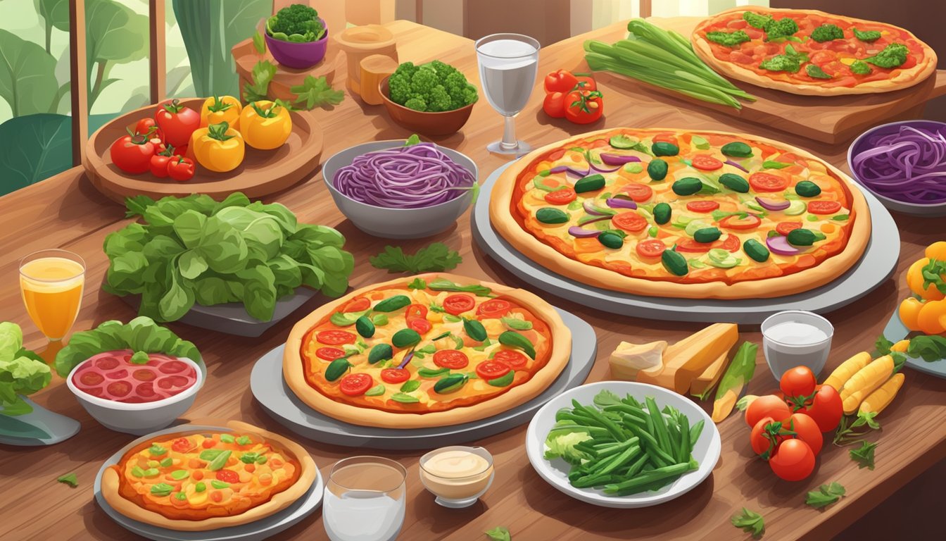 A colorful pizza buffet with a variety of fresh vegetables and lean protein options displayed on a vibrant, inviting table