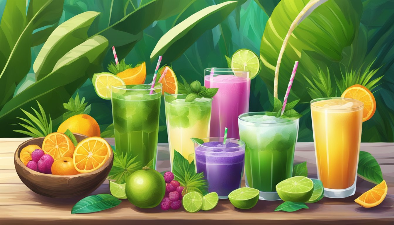 A table with colorful, refreshing drinks like herbal teas, fresh fruit smoothies, and coconut water, surrounded by vibrant green plants and traditional Thai decor