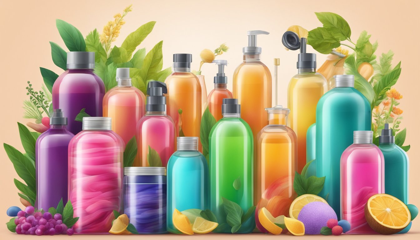 A vibrant display of colorful bottles and tubes filled with healthy chemical dyes for hair, surrounded by fresh, natural ingredients