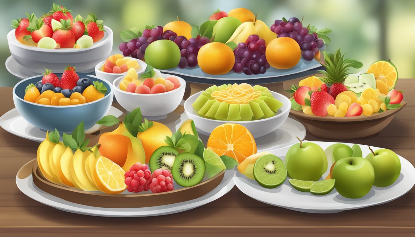 A table set with colorful, fresh fruit platters and beautifully presented healthy Thai desserts