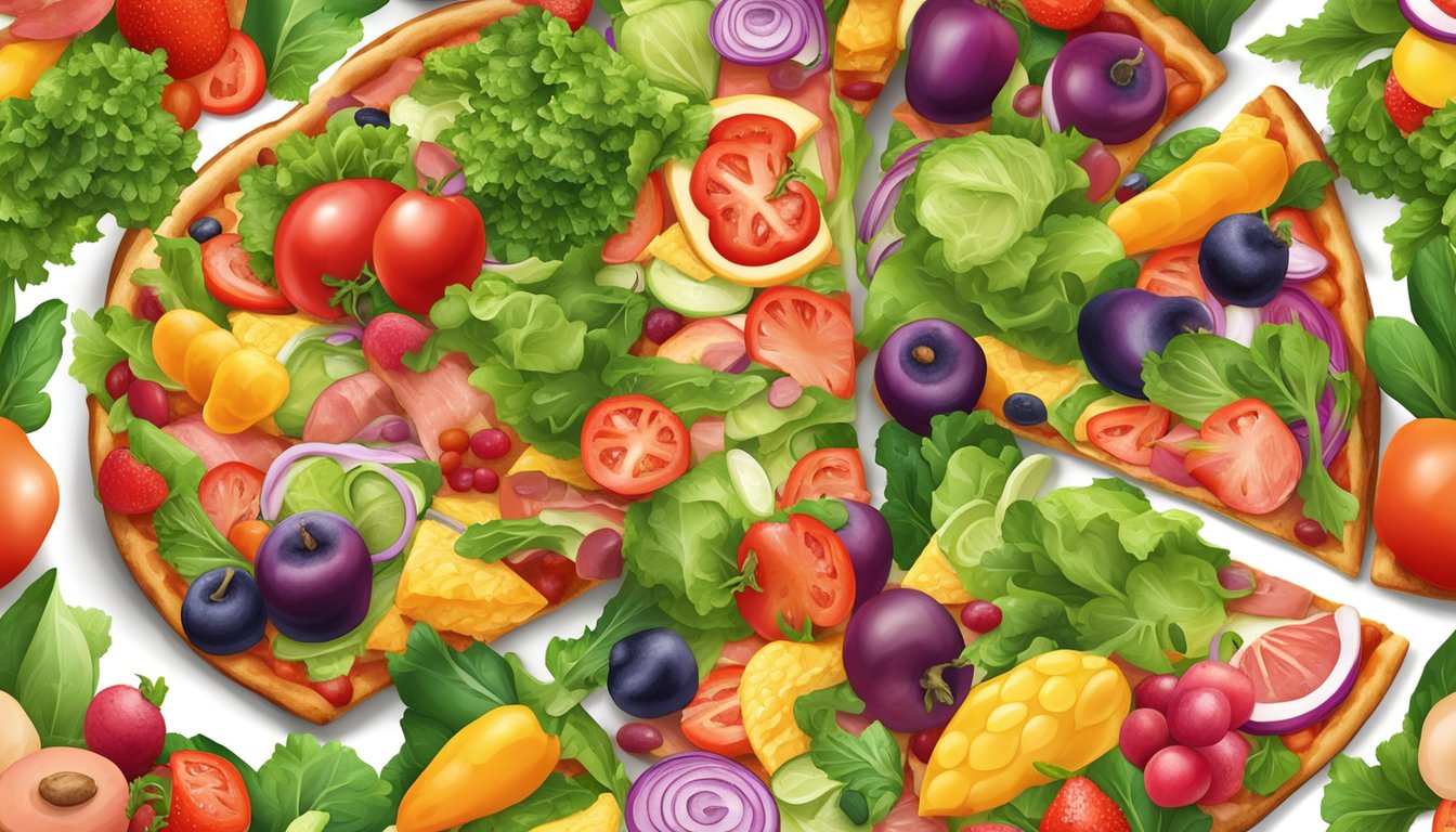 A colorful array of fresh vegetables and lean meats arranged on a crispy, golden pizza crust, surrounded by vibrant green salad and a side of fruit