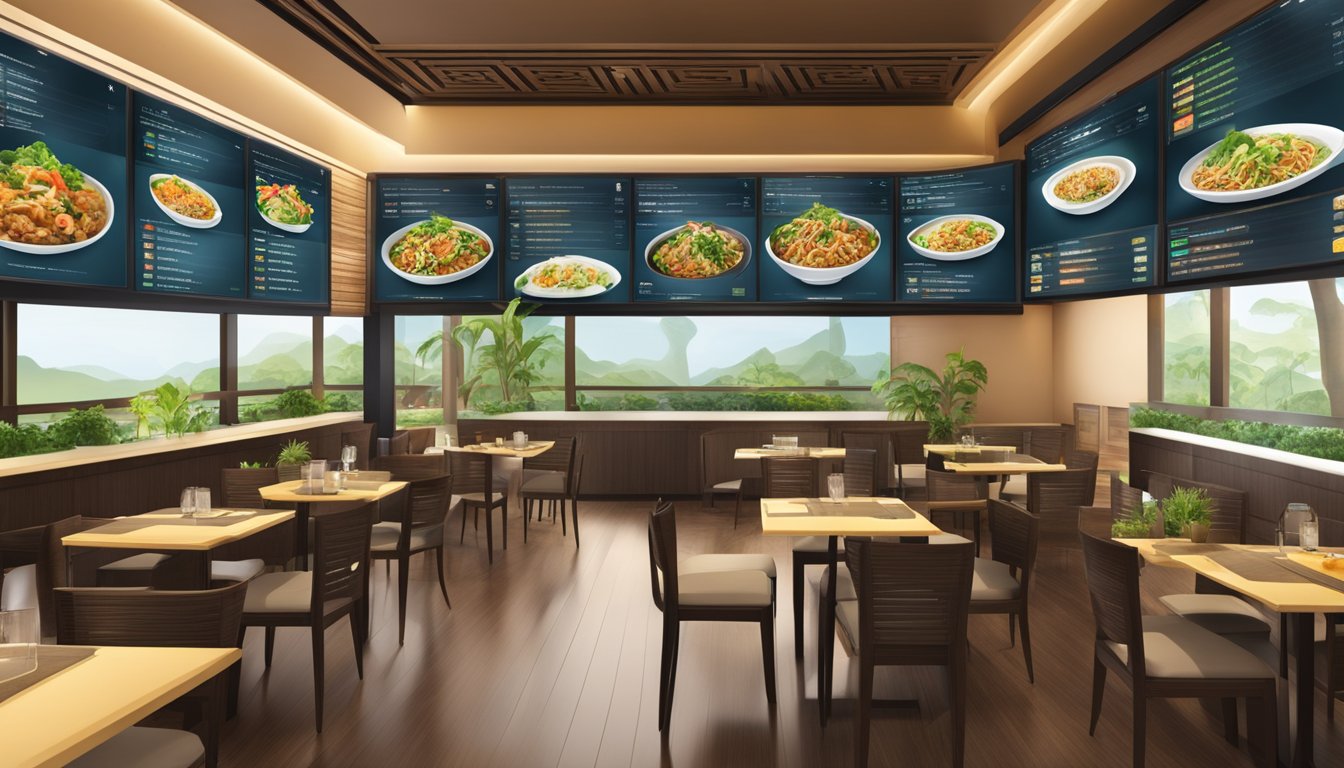 A modern Thai restaurant with digital menus and a variety of healthy food options displayed on screens