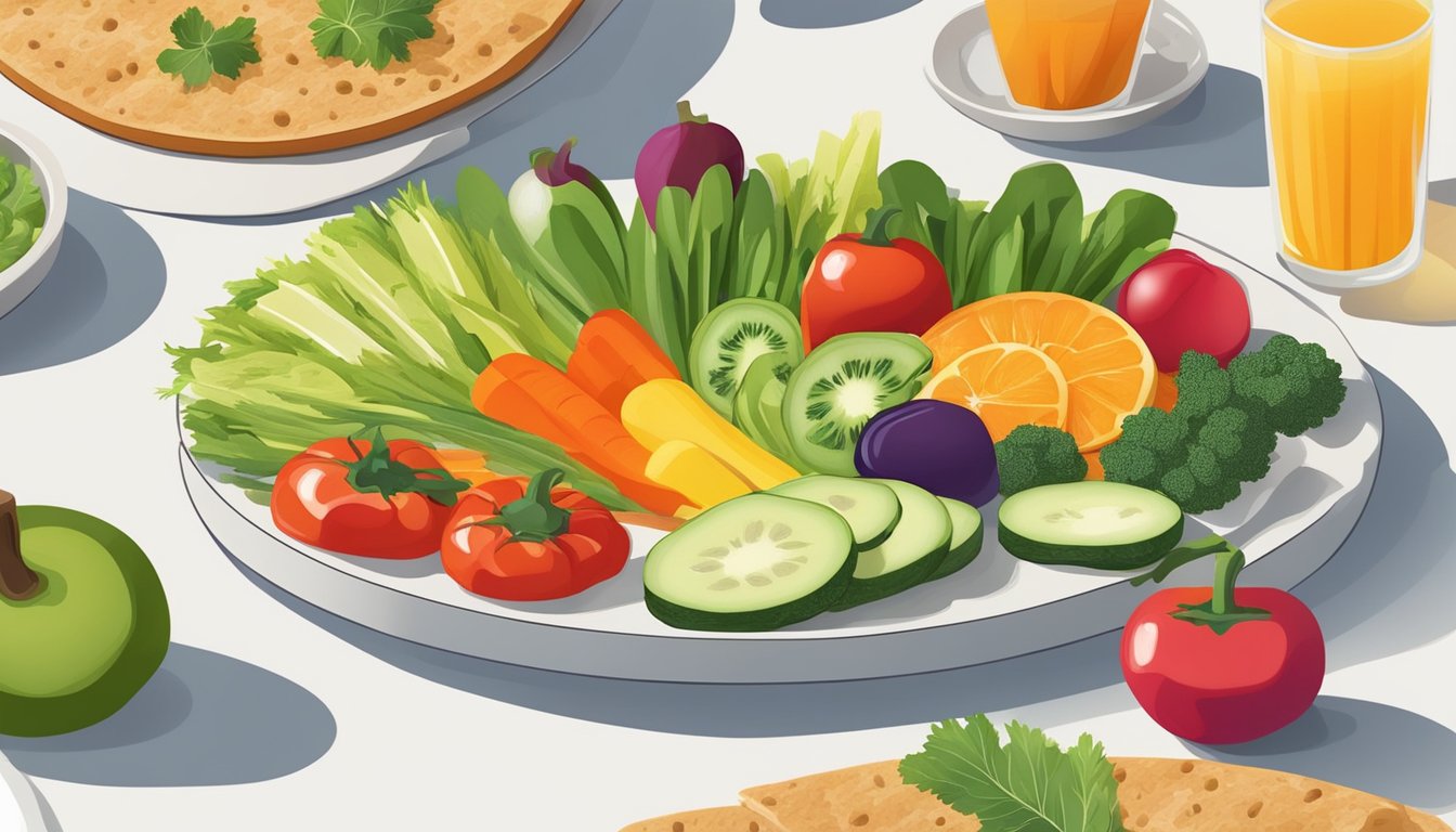 A colorful array of fresh vegetables and fruits, alongside a light and crispy whole grain flatbread, all arranged on a clean and modern serving platter