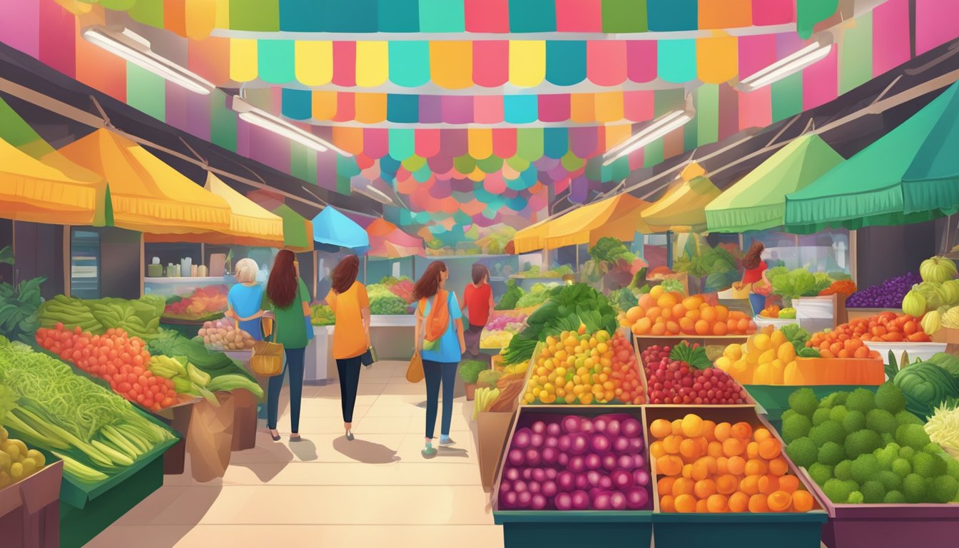 A vibrant fruit and vegetable market with colorful options for healthy eating, surrounded by hair salons offering a variety of hair color choices