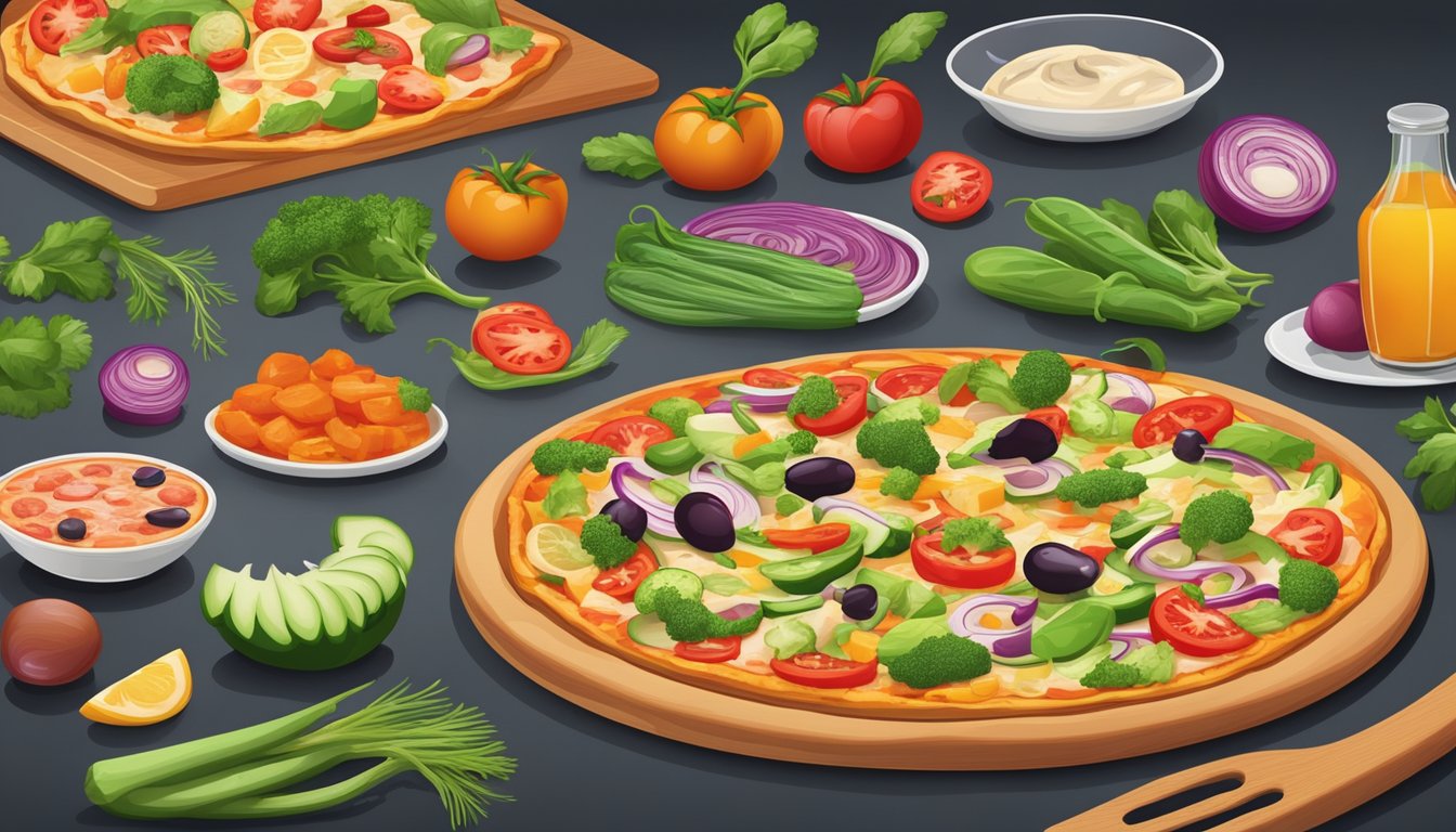 A colorful array of fresh vegetables and lean proteins displayed on a menu board, with vibrant images of healthy pizza options