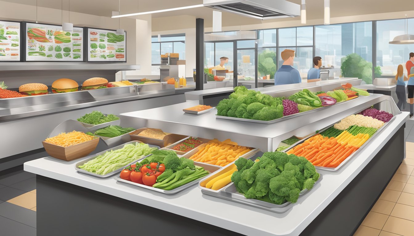 A colorful array of fresh vegetables and lean protein options displayed on a clean, modern counter at The Habit Burger Grill