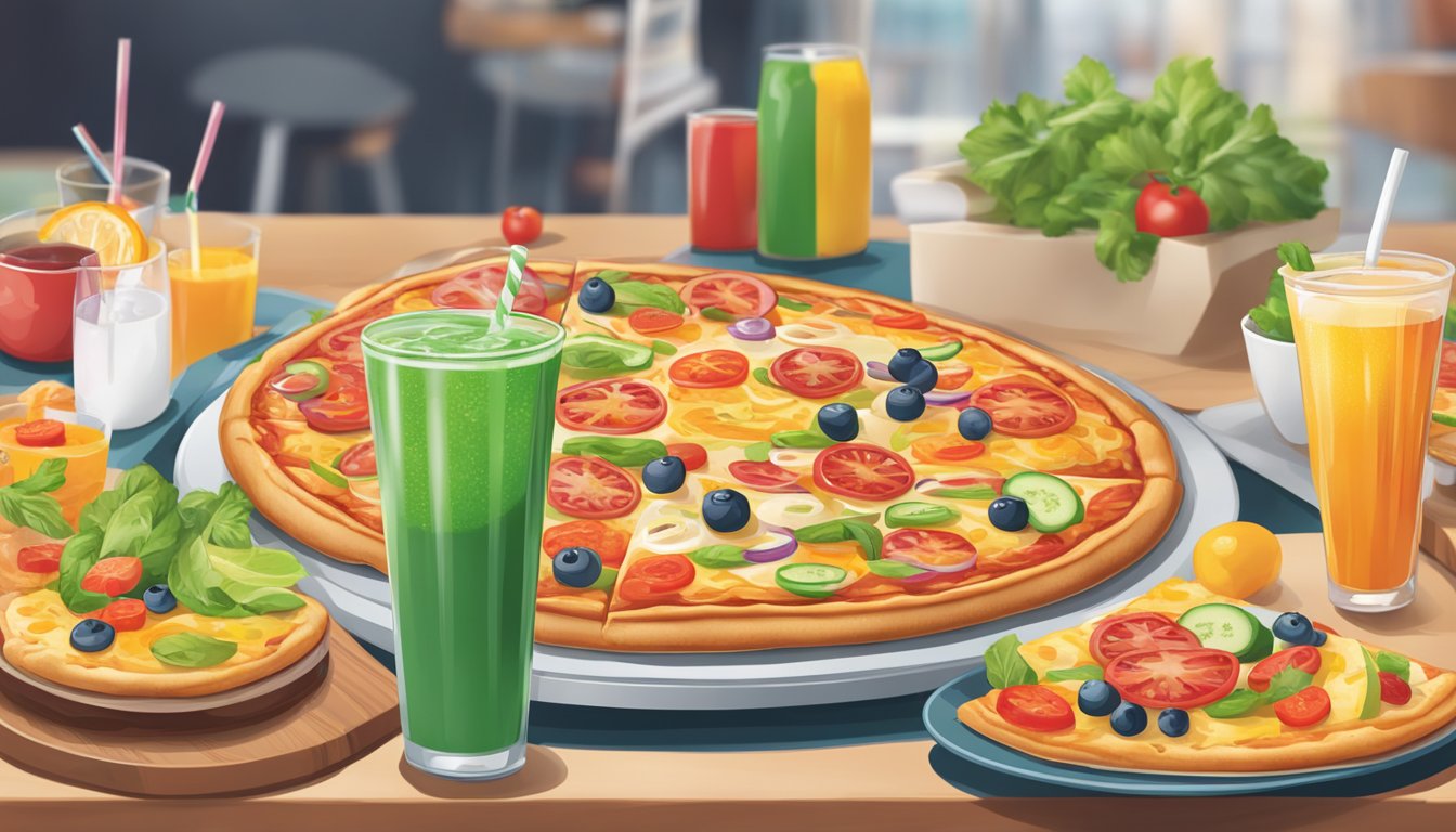 A table with a colorful array of healthy beverages next to a slice of balanced meal pizza from Pizza Hut