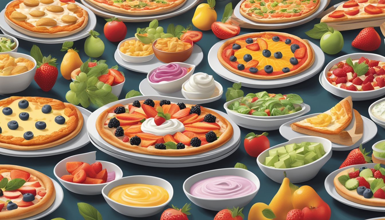 A colorful spread of fresh fruit and yogurt parfaits alongside a selection of thin-crust veggie and lean protein pizzas at a Pizza Hut buffet