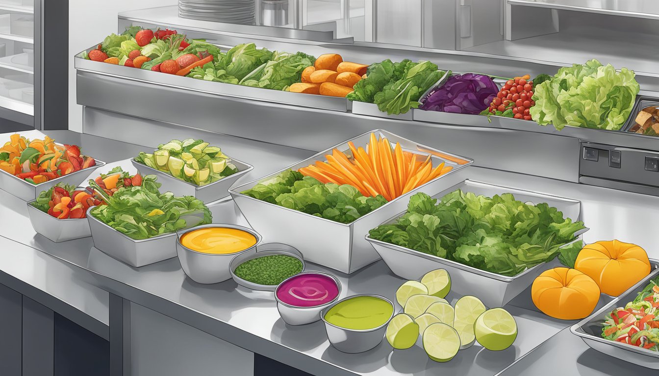 A colorful array of fresh salads, grilled vegetables, and fruit smoothies displayed on a modern, sleek counter at The Habit