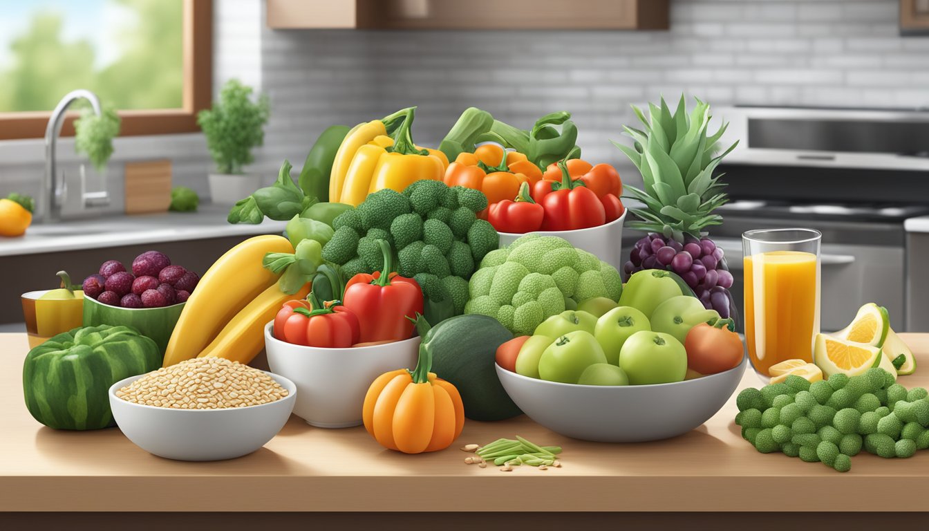 A colorful array of fresh vegetables, fruits, and whole grains displayed on a clean, modern kitchen counter