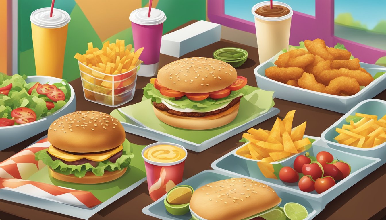 A colorful fast food menu featuring a variety of healthy options such as salads, grilled chicken sandwiches, and fruit cups displayed alongside traditional fast food items